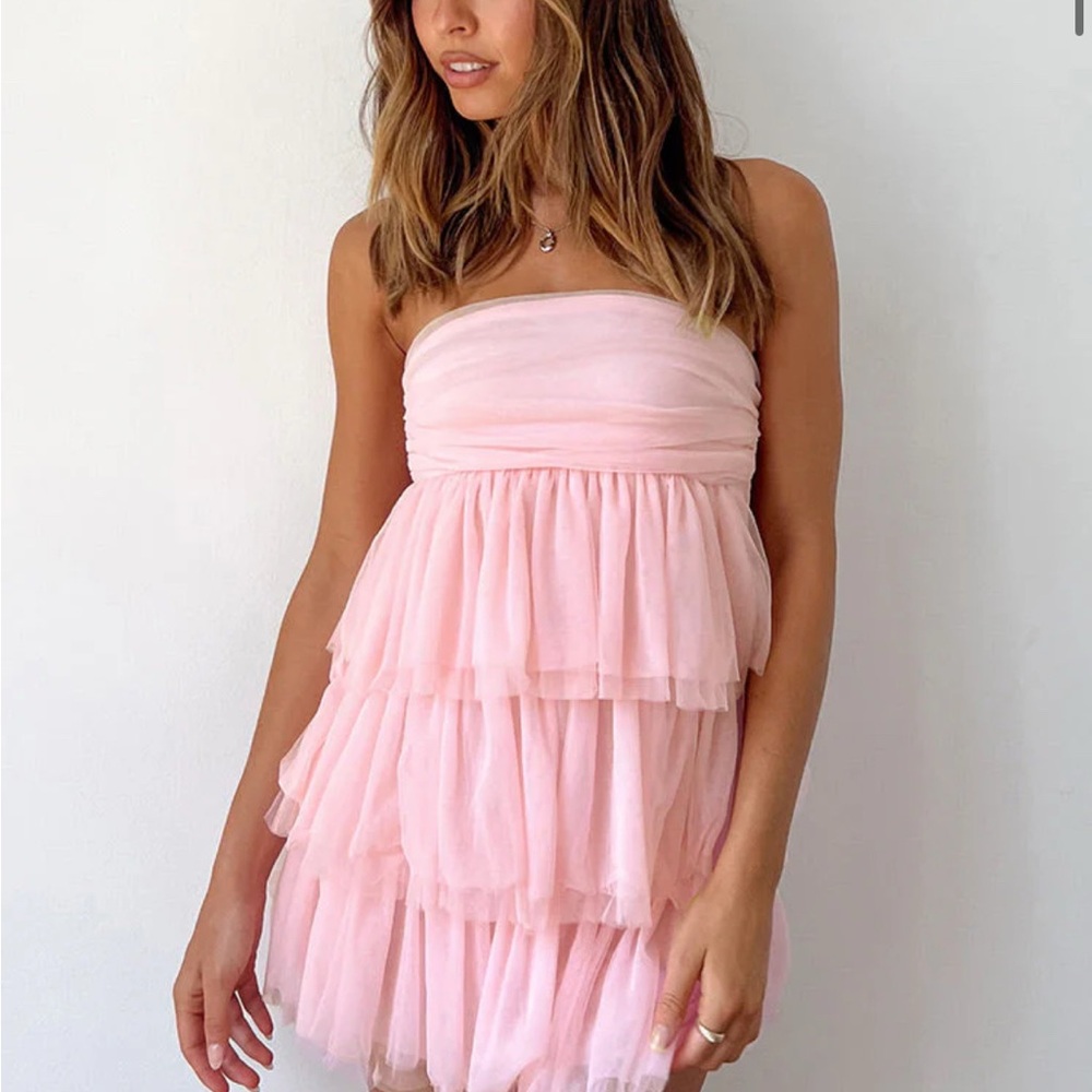 Beginning Boutique Pink Strapless Ruffled Babydoll Dress